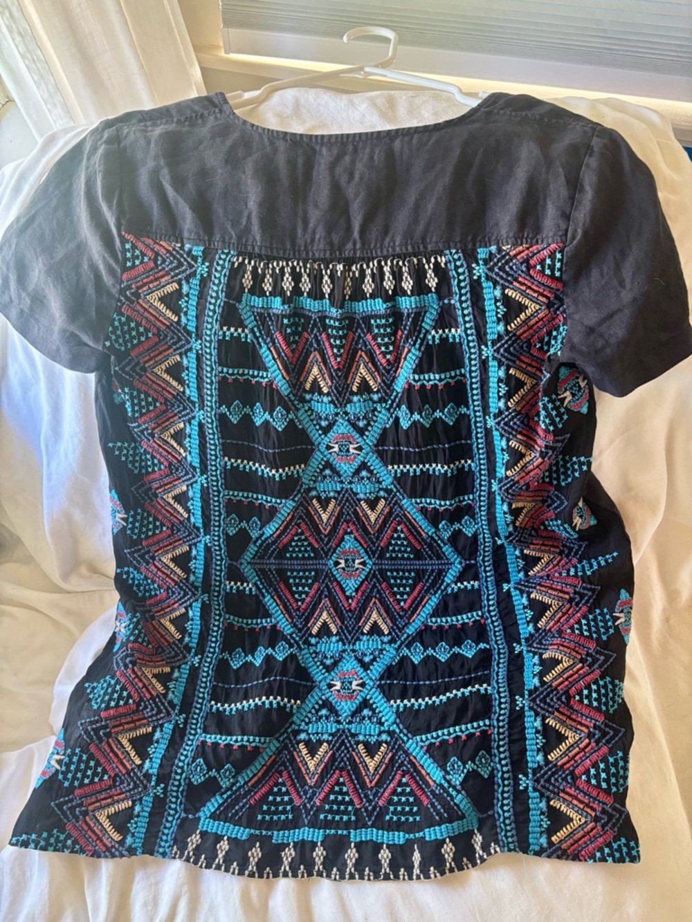 Johnny Was Linen Black Short Sleeve Top with Turquoise & Multicolor Embroidery